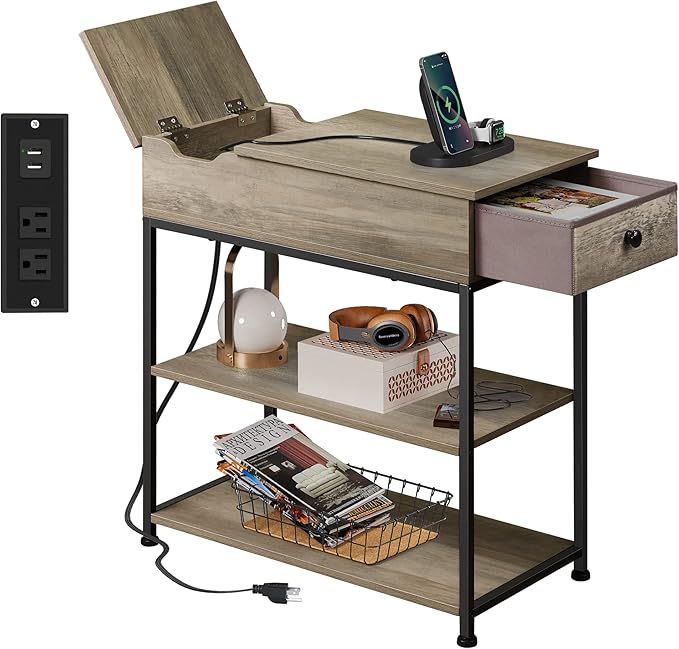 WLIVE Narrow Side Table with 2 USB Ports and 2 Outlets, Flip Top End Table with Drawer and Storage Shelves, End Stand with Charging Station for Living Room, Bedroom, Small Spaces, Greige