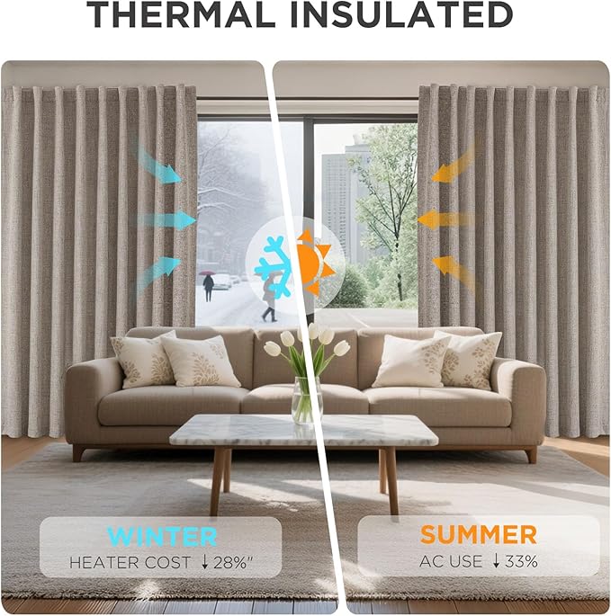 Joydeco 100% Blackout Curtains for Bedroom - Natural Linen Curtains 100"W x 90"L Long, Thermal Insulated 1 Panels Linen Light Blocking Drapes, Rod Pocket & Back Tabs, Darkening Privacy for Living Room