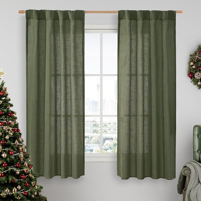 LAMIT Olive Green Linen Semi Sheer Curtains 63 Inch by LAMIT