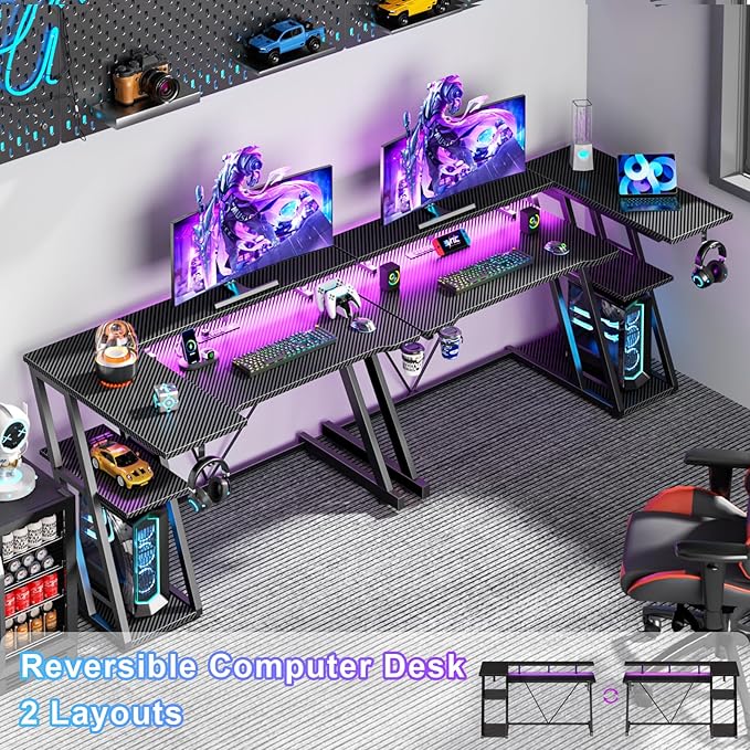 40 Inch Gaming Desk with Power Outlet & LED Lights, L Shaped Computer Gaming Table with 3 Tiers Storage Shelves, Corner Gamer Desk with Monitor Stand for Small Space, Carbon Fiber Black