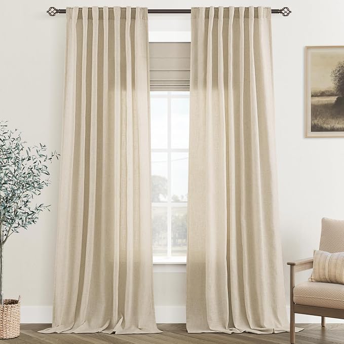 Greyish Beige Linen Curtain 108 inch Length 2 Panels Set Back Tab Light by Jolilight