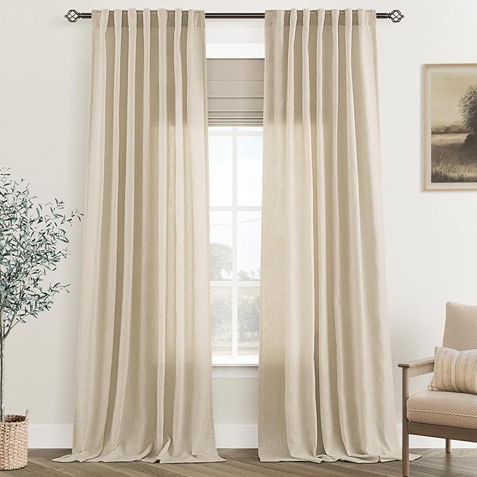 Greyish Beige Linen Curtain 96 inch Length 2 Panels Set Back Tab Light by Jolilight