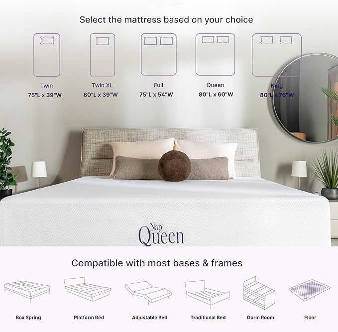 NapQueen 10 Inch Queen Size Mattress, Bamboo Charcoal Memory Foam Mattress, Bed in a Box, White