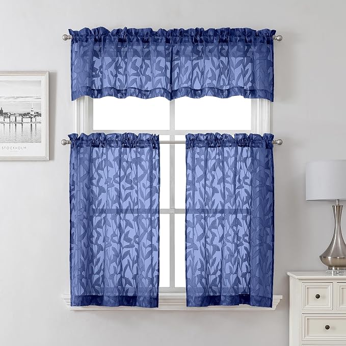 Lecloud Leia Dusty Blue Sheer Kitchen Curtains 36 Inch Length 2 Panels - Image 7