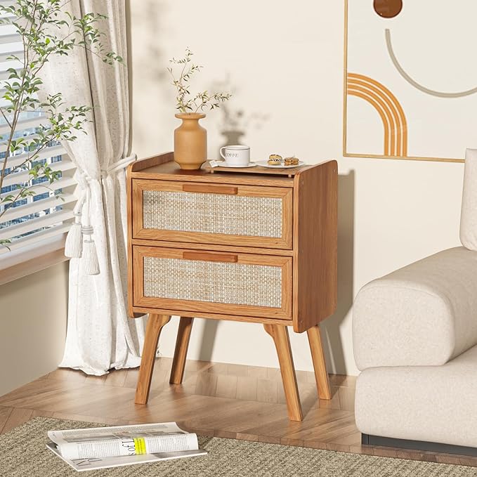 Lerliuo Rattan Nightstand, Boho Night Stand with 2 Drawers, Cane Accent Side End Table, Bedside Table with Solid Wood Legs for Bedroom, Dorm and Small Spaces (Tea Brown)