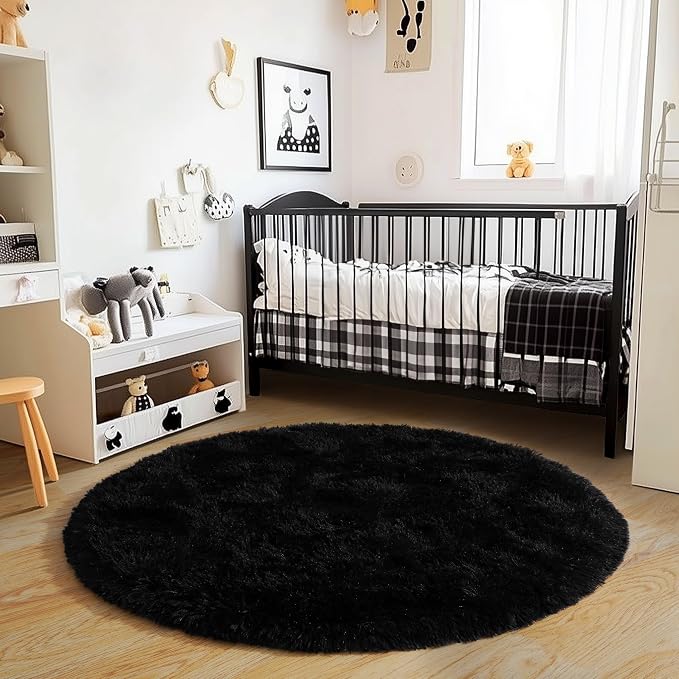 6‘x6’ Black Round Rug for Bedroom, Ultra Soft Fluffy Circle Rug for Kids Girls by Quntue