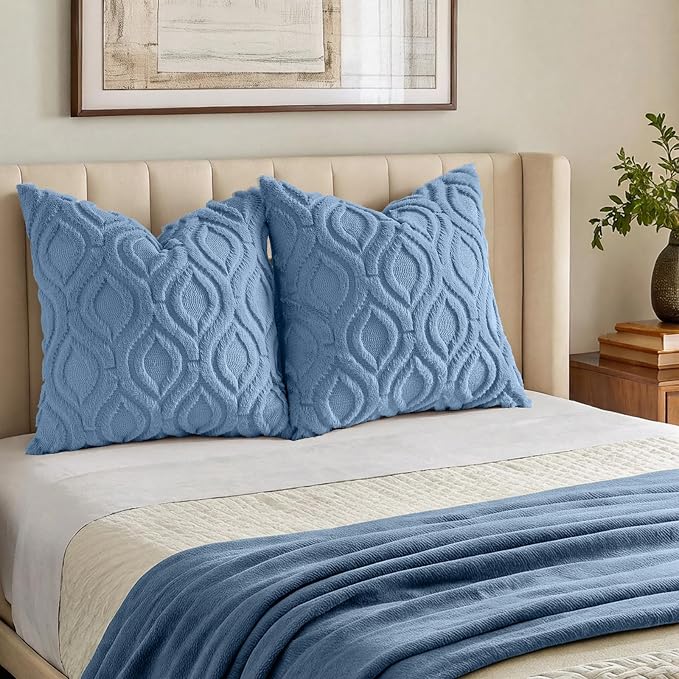 decorUhome Throw Pillow Covers 22x22 Inch Set of 2, Soft Plush Faux Wool Blue - Image 7