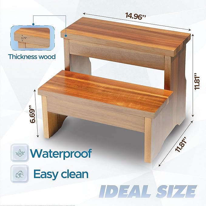 Wooden Two Step Stool, Heavy Duty 2-Step Ladder for Adults & Kids, Supports up to 450lbs for Kitchen, Bathroom or Bedside Use (Acacia Wood)