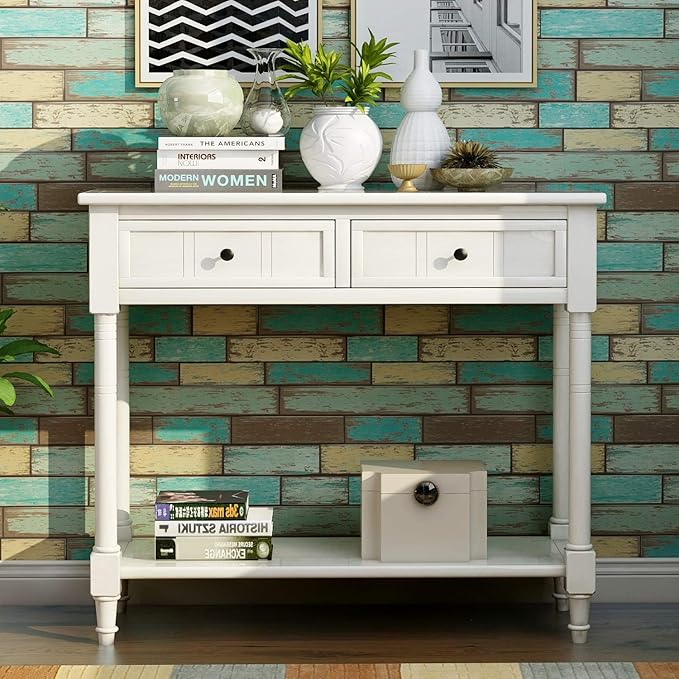 Bellemave Console Table with Drawers, Retro Entryway Table with 2 Drawers and Open Storage Shelf, Narrow Long Sofa Table, Behind Couch Table for Living Room, Foyer and Hallway, Ivory White