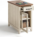 LINSY HOME Farmhouse End Table with Charging Station, Narrow Side Table for Living Room, Sofa Side Table with Drawer and Storage Cabinet, Small Nightstand for Home Office