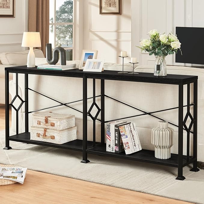 HOMISSUE Long Entryway Console Table, 70.9" Industrial Narrow Sofa Tables Behind Couch with 2 Tier Storage Shelf for Hallway, Living Room, Black