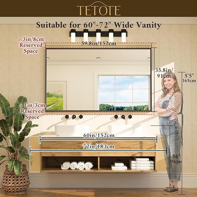 TETOTE Brushed Gold Mirror Beveled Frame 60" x 36" Large Brass Gold Rectangle Bathroom Vanity Wall Mirror for Over Sink, Modern Farmhouse, Tempered Glass, Shatterproof, Stronger Frame