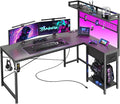 PRAISUN L Shaped Gaming Desk with Shelves, Corner Computer Table with LED Lights, Power Outlets and USB-C Ports, 50 Inch Home Office Desk with Storage Drawer, for Work and Study, Carbon Fiber Black