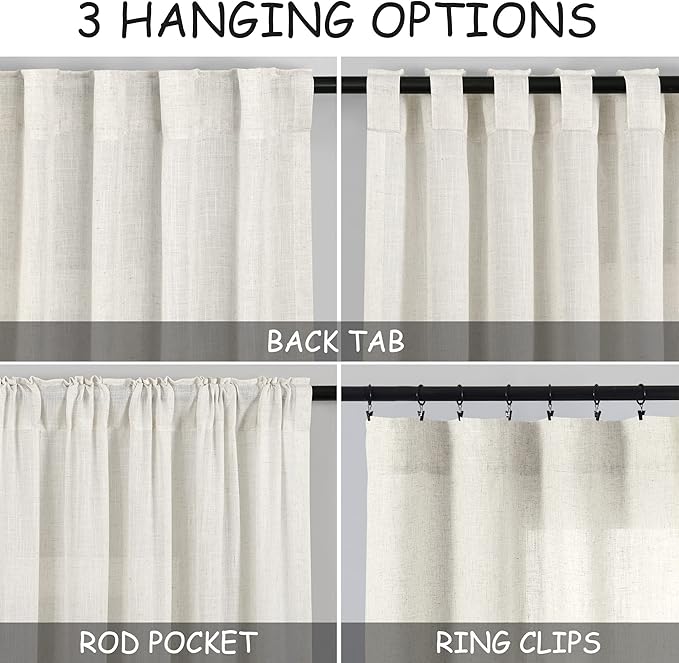 Nanspring Cream Semi Sheer Linen Curtains 78 inch Length - Image 3