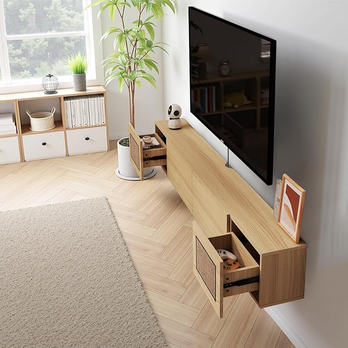 Pmnianhua Boho Floating TV Stand 94", Modern Wall Mounted Media Console with Cotton-Rayon Doors for Under TV Shelf,Entertainment Center,Living Room,Bedroom(Natural)