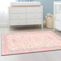 Washable Pink Nursery Rug, 3x5 Area Rugs for Entryway, Kitchen, Bedroom - Boho Modern Floral Distressed Oushak Design, Soft Faux Wool Low Pile Non Slip Stain Resistance Carpet