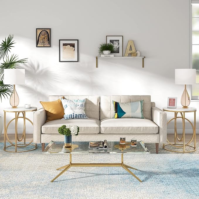 Tribesigns Round End Table for Living Room Set of 2, Modern Marble Side Table with Gold Metal Frame, White and Gold Accent Table, 26-Inch Tall Narrow Nightstand for Bedroom
