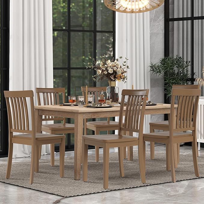 COLAMY Wooden Dining Chairs Set of 2, Solid Rubberwood Kitchen & Dining Room Chairs, Farmhouse Rustic Side Chairs for Dining Table, Anti-Slip Protection, Classic Windsor Style Seating, Oak Light Brown