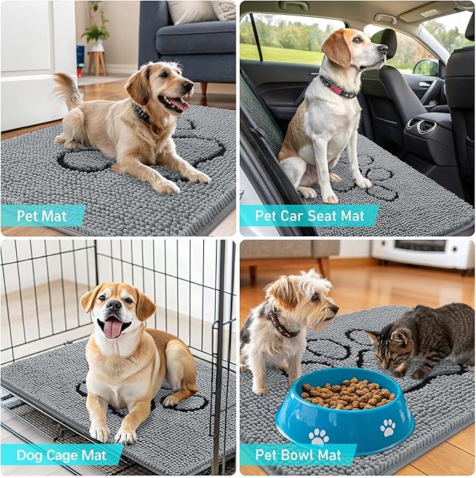 OLANLY Door Mat for Muddy Dog Paws 44x24, Ultra Absorbent Chenille Mud Doormat with Paw Print Design, Non-Slip Washable Doormat for Indoor Entryway, Quick-Dry Pet Bed Mats for Dirty Dogs, Grey