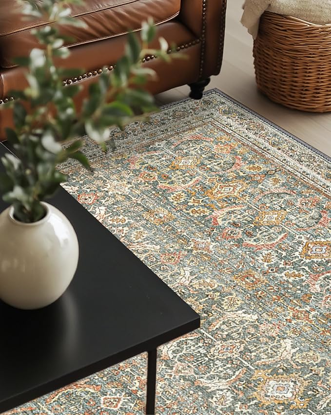 9X12 Area Rugs Machine Washable Rugs for Living Room, Vintage Boho Large Rugs for Bedroom Dining Room, Non Slip Indoor Soft Distressed Lightweight Thin Low Pile Carpet, Turmeric