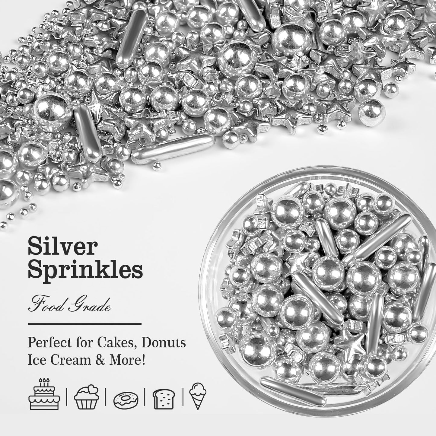 Silver Pearl Rods Star Sugar Sprinkles, Silver Sprinkles for Cake, Edible Pearls Baking Candy, 150g/5.29oz Mix Size, Cupcake Decoration, Wedding Party Supplies