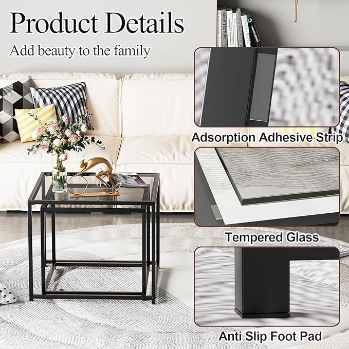 VILAWLENCE Coffee Table Set of 2, Modern Grey Patterned Glass Side Table, Metal Frame Square End Table, Center Tables Nesting Coffee Table for Living Room,Bedroom and Small Spaces