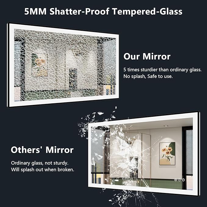 28x36 Inch LED Bathroom Mirror with Lights (Front Lit and Backlit) Black Framed Lighted Vanity Mirror for Bathroom Wall Dimmable Anti-Fog Memory Tempered Glass Horizontal/Vertical
