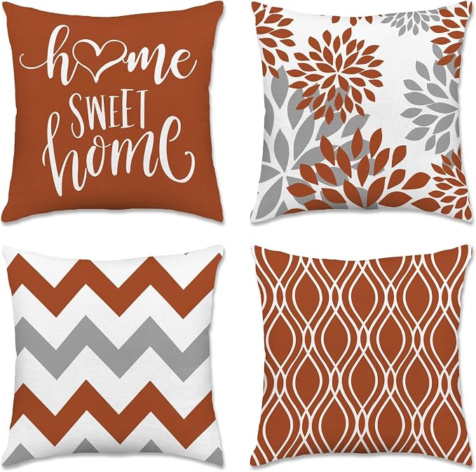 Hexagram Geometric Burnt Orange Pillow Covers 16x16 Set of 4, Decorative by Hexagram