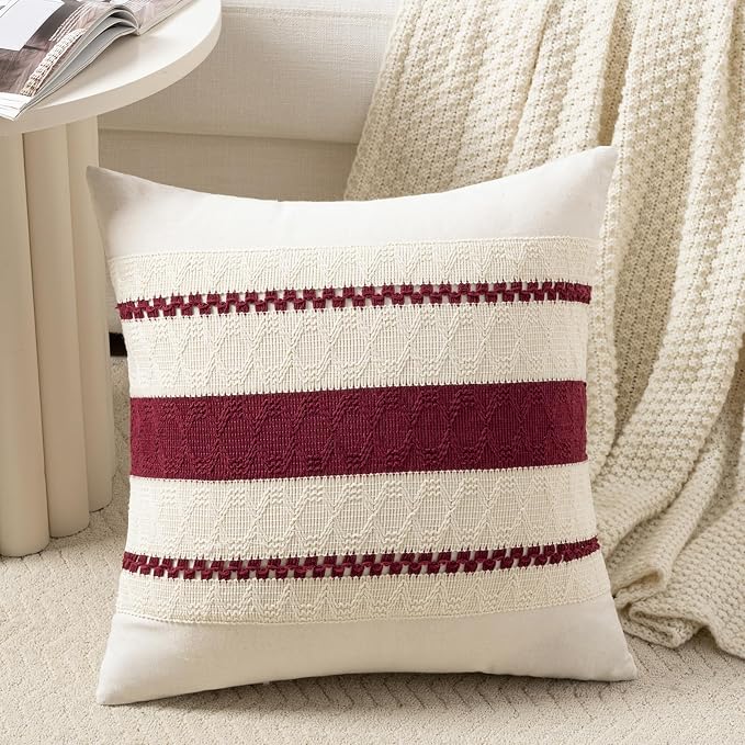 Fancy Homi Set of 1 Burgundy Boho Decorative Throw Pillow Covers 18x18 Inch by Fancy+Homi