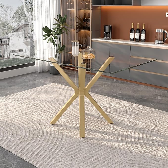 Tempered Glass Dining Table for 4, 48 Inch Rectangular Kitchen Table with Gold Metal Legs Modern Style Dinner Table for Dining Room Kitchen