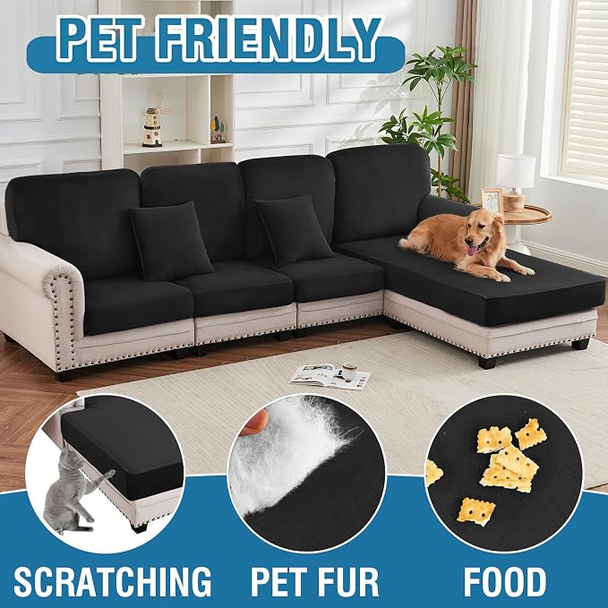 Couch Cover 6-Piece Elastic Velvet Couch Cushion Covers & Chaise Slipcovers - Image 3