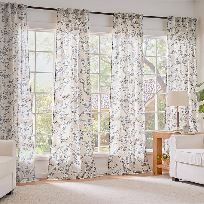 Lazzzy Blue Floral Linen Curtains 90 Inch Farmhouse Back Tab Drapes - Image 7