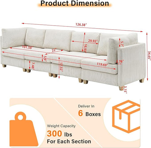 126" Convertible L-Shaped Modular Sectional Sofa, 4 Seater Corduroy Upholstered Corner Sofa Couch with Extra Wide Deep Seat, DIY Combination Lounger Sofa with Solid Wood Legs for Living Room Office