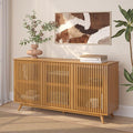 Plank+Beam Mid-Century Modern Wood TV Stand, Three Door Solid Wood Entertainment Console with Storage, 59" L x 16" W x 30" H, Pecan