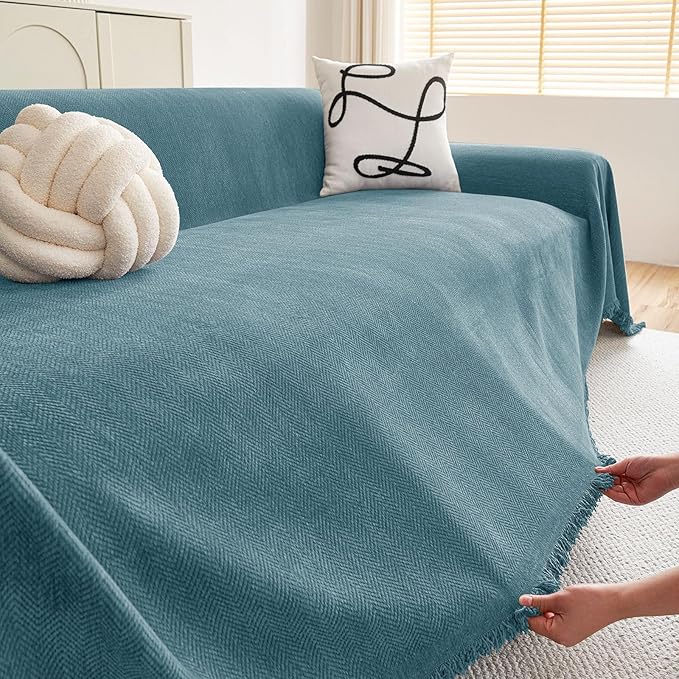 hyha Couch Cover for Dogs, Boho Sofa Covers for 3 Cushion Couch Washable, Chenille Sofa Slipcover for Pets, Soft Loveseat Sectional Couch Throw Blankets with Tassels (Blue, 71x134 Inch)