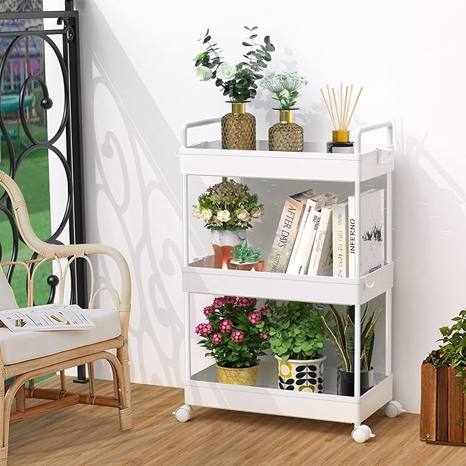 SOLEJAZZ 3 Tier Rolling Storage Cart with Wheels Slim Craft Nail Makeup Snack Art Baby Utility Cart Organizer on 2 Lockable Wheels for Bathroom Laundry Room Kitchen Bedside Narrow Spaces, White