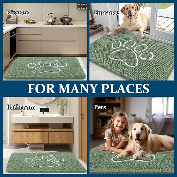 OLANLY Door Mat for Muddy Dog Paws 30x20, Absorbent Chenille Doormat with Paw Print Design, Non-Slip Washable Doormat for Indoor Entryway, Quick-Dry Pet Bed Mats for Dirty Dogs, Olive Green and White