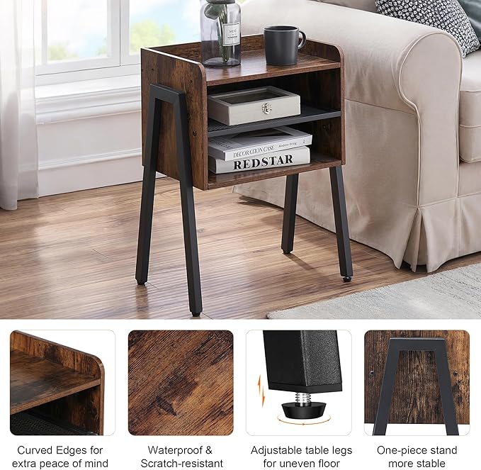 VECELO Nightstand Set of 2,Industrial End Table,Bedside Table with 2-Tier Open Storage Shelves,Wood Side Table with Metal Frame for Bedroom, Living Room,Small Spaces