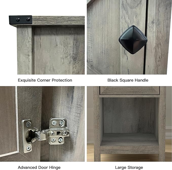 Rustic Nightstand with Charging Station, Night Stand with Barn Door and Drawer, Storage Bedroom Living Room Bedside Table Farmhouse End Table Industrial Bedside Table with USB Ports and Outlets，Grey