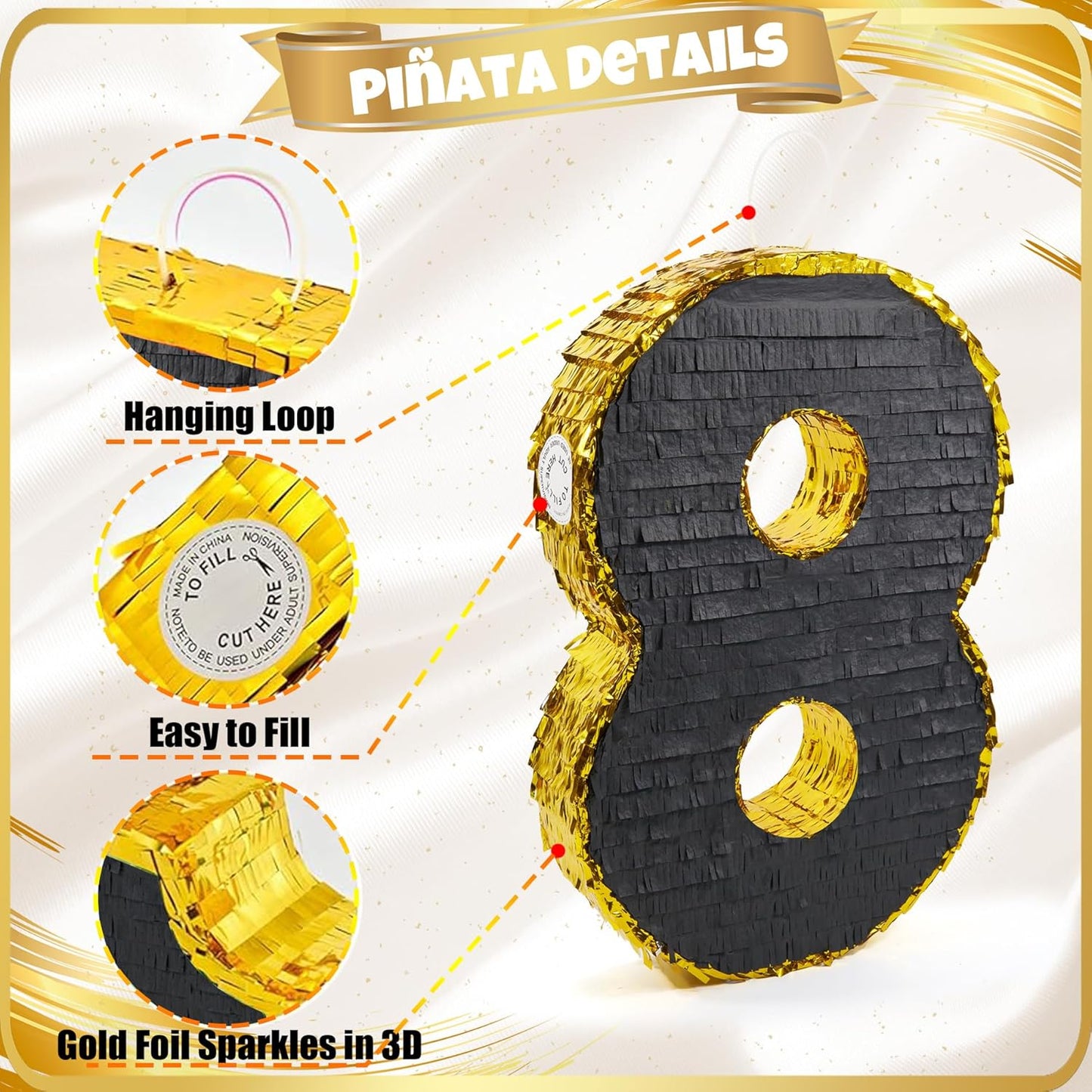 PCFING 20 Inch Number 8 Piñata Gold Black with 30 Inch Piñata Stick Blindfold Confetti for Man Women Boys Girls Birthday Party Decorations, Anniversary Celebration, Fiesta