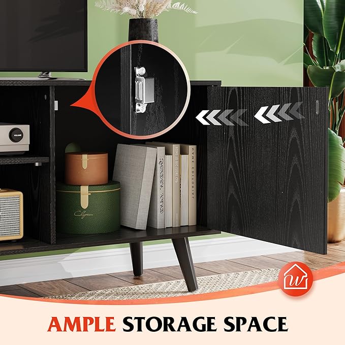 WLIVE TV Stand for 55 Inch TVs, Entertainment Center with Storage Cabinet, Mid-Century TV Stands for Living Room and Bedroom, 50" TV Console, Black