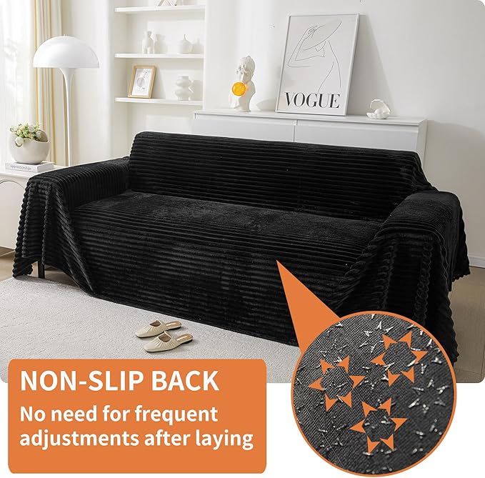 HAOMAIJIA Faux Fur Sofa Covers Couch Covers for 2 Cushion Couch Sofa Pet Friendly Soft Non Slip Couch Cover for Dogs Washable Sectional Couch Covers L Shape Furniture Protector (Black, 71"x102")