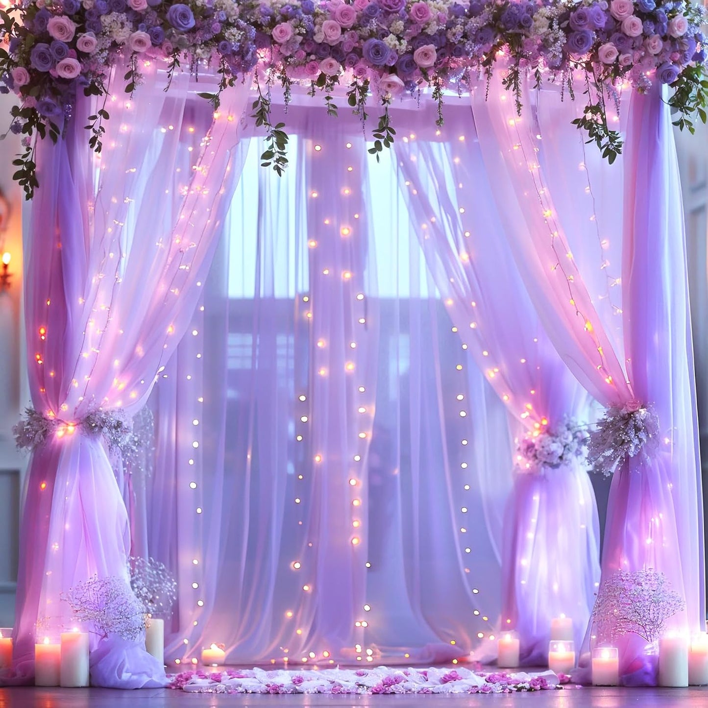 Lavender Tulle Backdrop Curtain with Lights String for Wedding Baby Shower 20×10ft Lavender Sheer Backdrop Curtain for Bridal Shower Birthday Party Photoshoot Background Decorations(4 Panels 5×10ft)