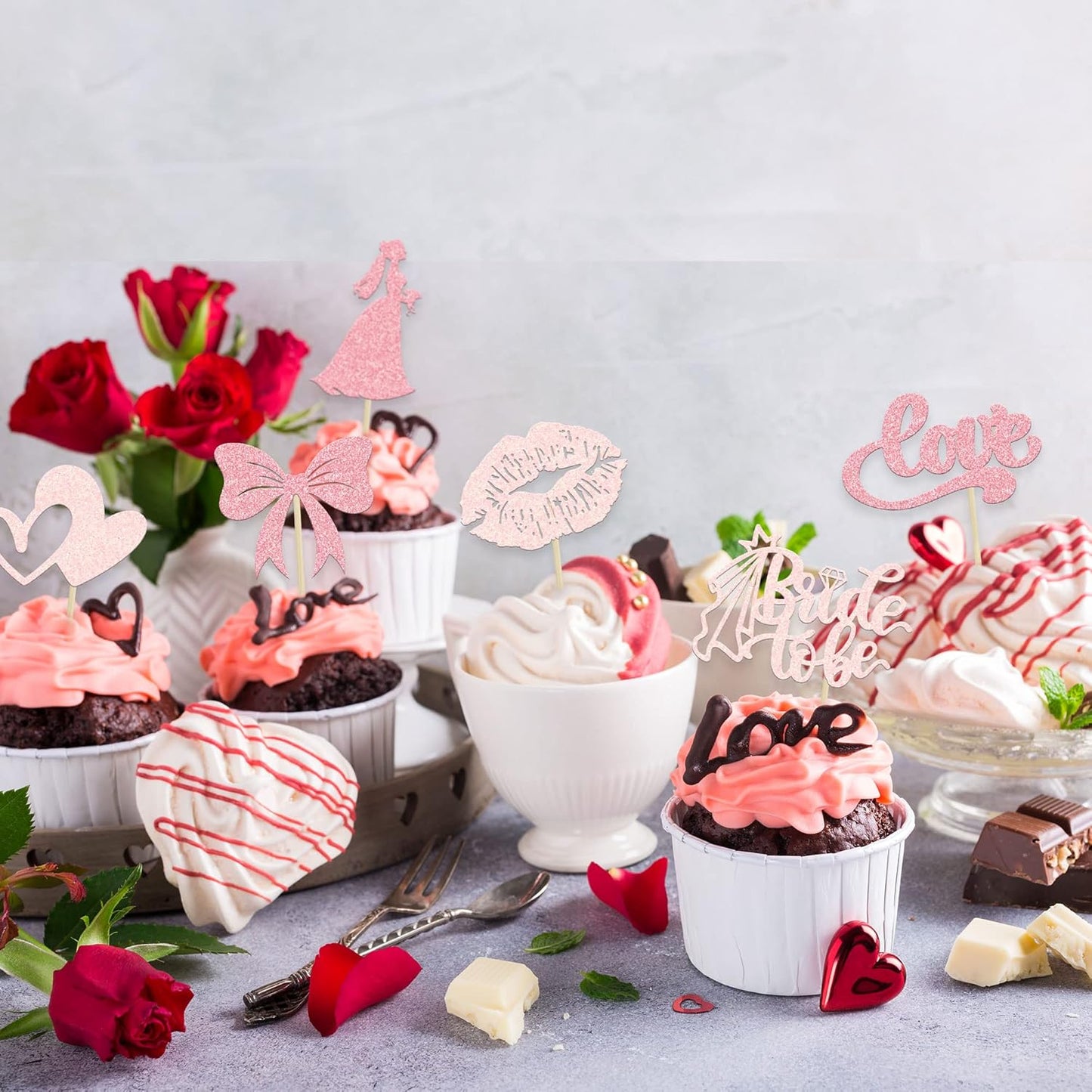 Gyufise 24Pcs Bride to Be Cupcake Toppers Pink Glitter Bow Tie Lip Princess Love Heart Bridal Shower Cupcake Pick Decorations for Wedding Engagement Bachelorette Cake Decorations Supplies