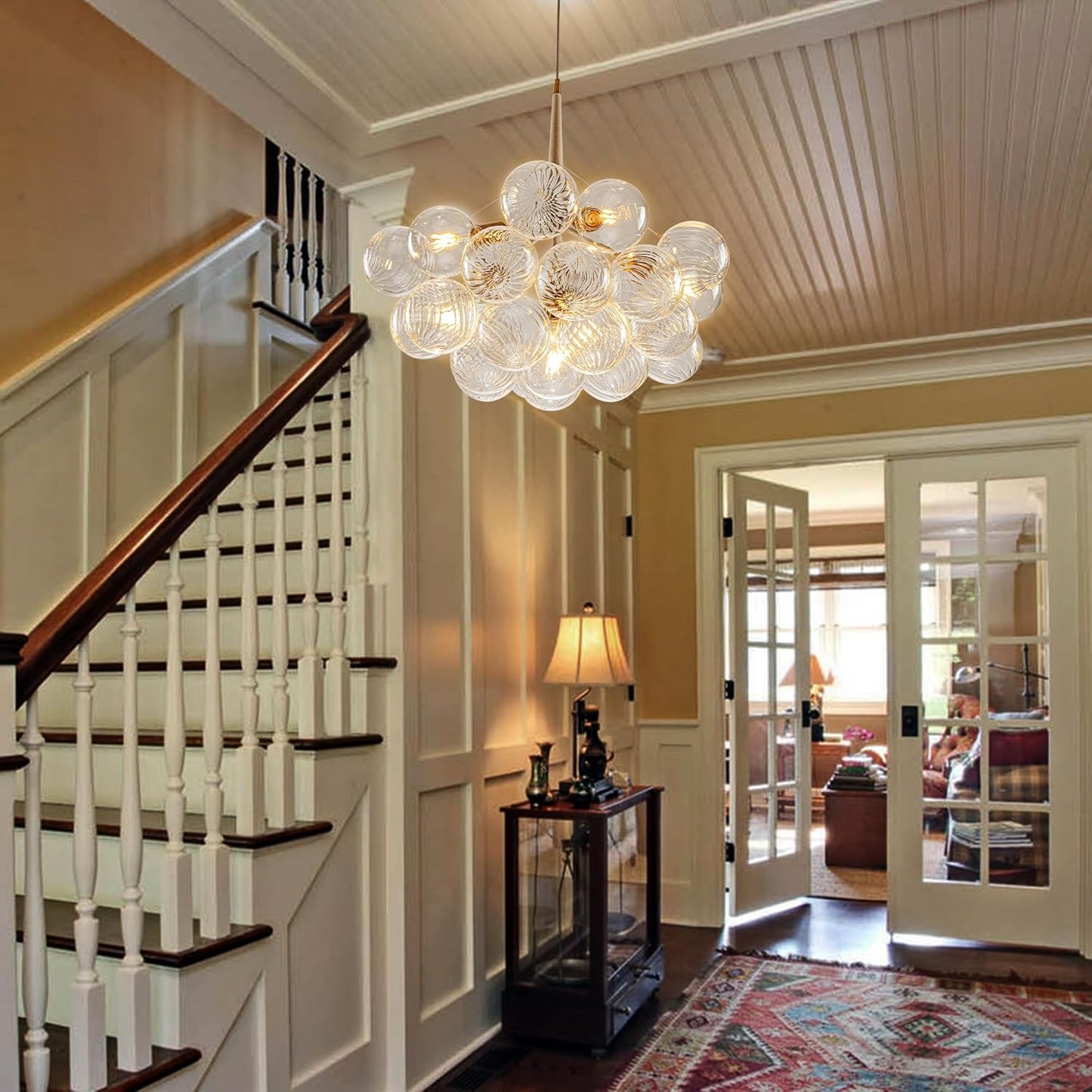 Mid-Century Bubble Globe Chandelier, White and Gold 6 Lights Dia 24" Swirled Glass Chandeliers for Bedroom, Study, Kitchen Island, Dining Room