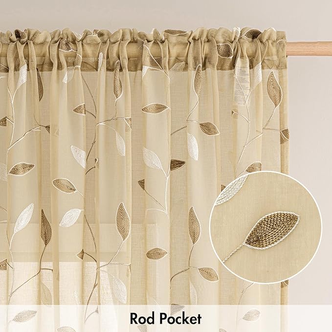 MIULEE Beige Sheer Kitchen Curtains 30x36 Inches Length 2 Panels Embroidered - Image 6