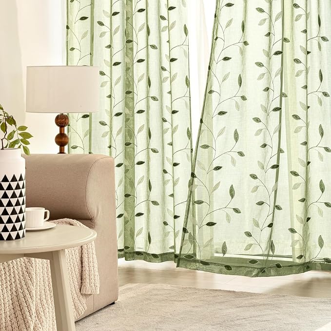 MIULEE Sage Green Sheer Curtains 2 Panels Embroidered Leaf Patterned Rod Pocket - Image 3