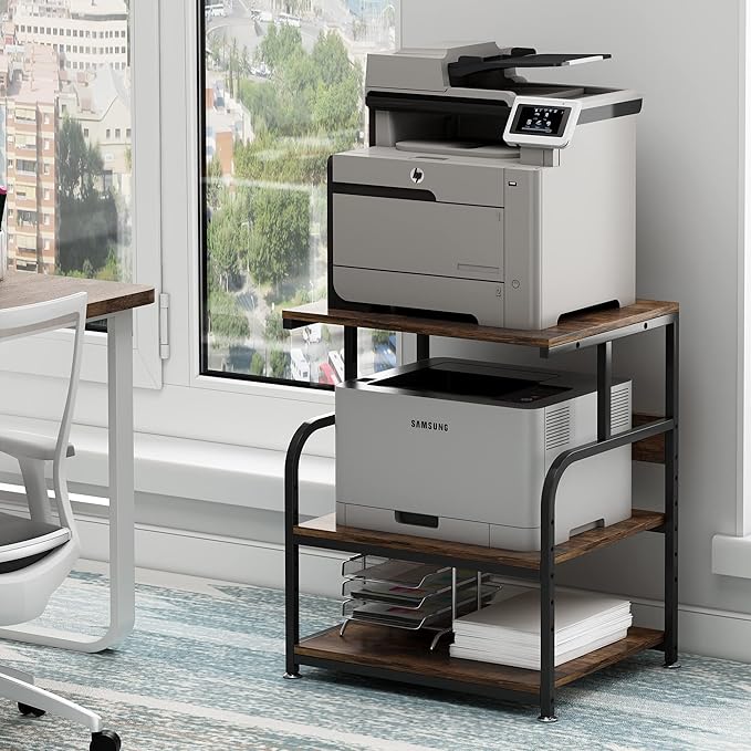 Large Printer Stand with Adjustable Storage Shelf, 3 Tier Printer Cart with Wheels for Home Office Organization, Rolling Table Stand for Heat Press Mini Fridge, Industrial Style