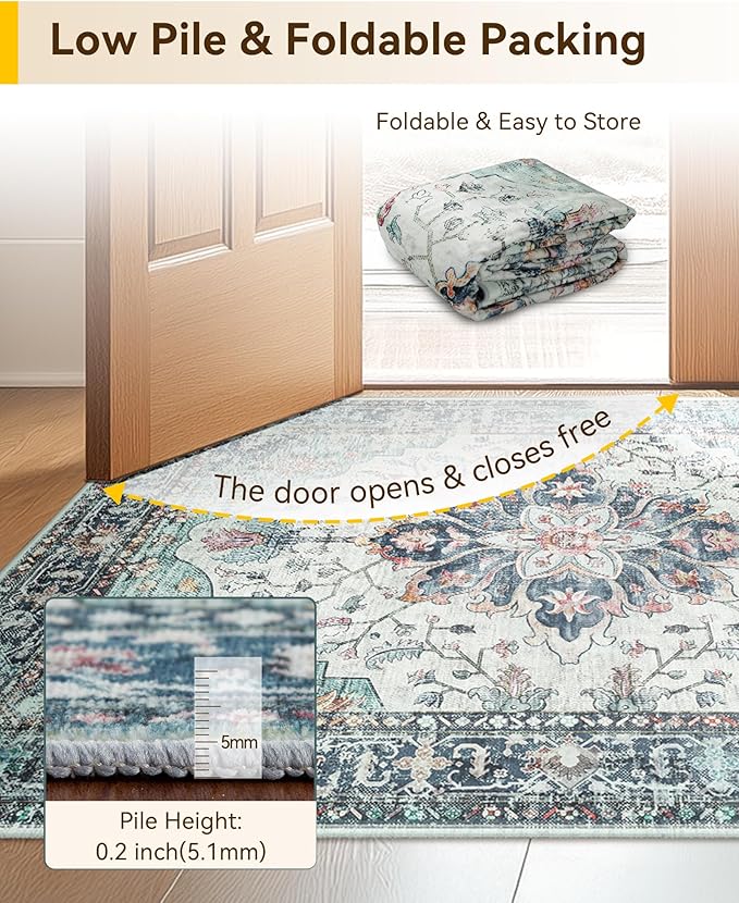Area Rugs 8'x10' Washable Non-Slip, Floral Vintage Distress Print Pattern - Image 6