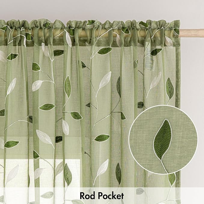 MIULEE Sage Green Sheer Curtains 2 Panels Embroidered Leaf Patterned Rod Pocket - Image 6